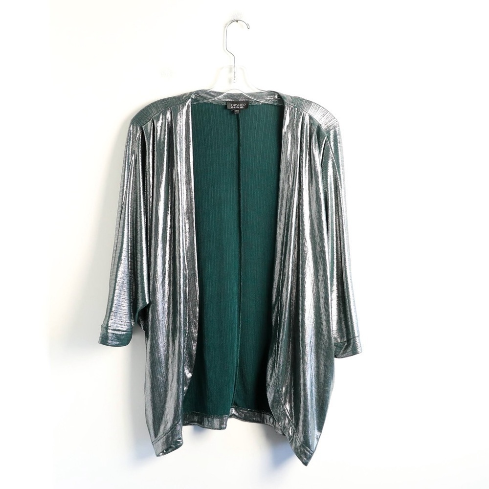 Topshop open front cardigan metallic green oversized 8 one size shiny NYE Xmas